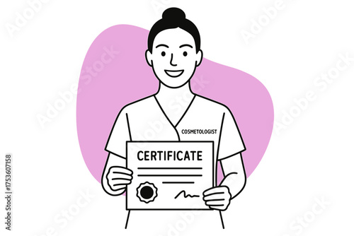 Smiling cosmetologist holding certificate with confidence in minimalist style