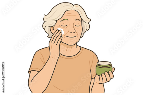 Elderly woman applying moisturizer with care and relaxation