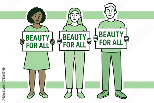 Diverse group advocating inclusivity in beauty with bold signs