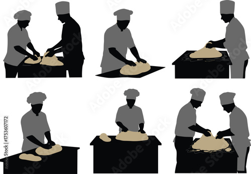 Silhouettes of Chefs Kneading Dough in Culinary Vector Style Depicting Baking Techniques, Kitchen Preparation, and Professional Cooking for Food Education and Design Use