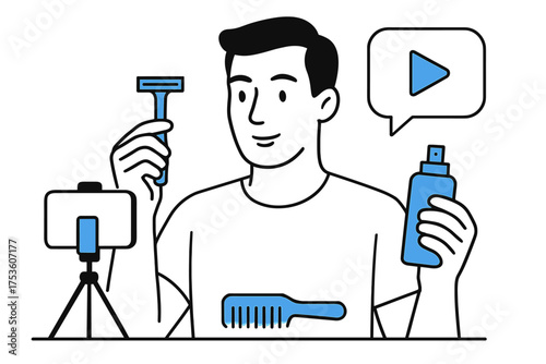 Vlogger demonstrating men's grooming routine with skincare and haircare tools