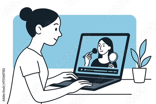 Woman watching online makeup tutorial on laptop in minimalist style
