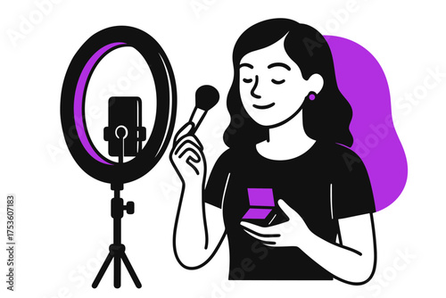 Content creator filming makeup tutorial with ring light and smartphone