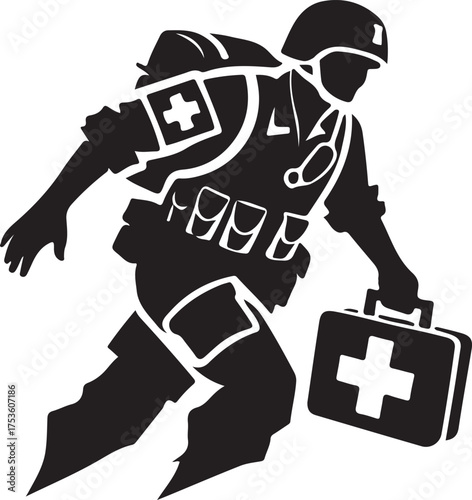 Vector art of silhouette of a military medic running with a first aid kit