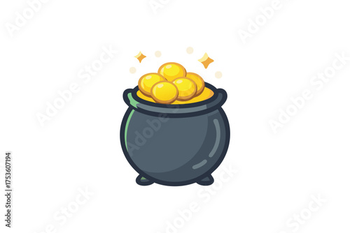 A charming illustration of a dark pot brimming with golden coins