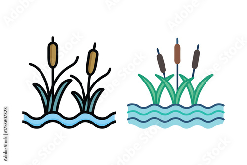 Simple illustration of cattails growing in watery environments side by side