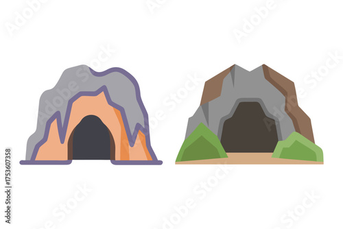 Two cartoon mountain caves with dark openings and surrounding landscape