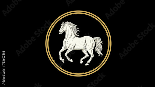 Majestic white horse emblem with golden double circle frame on a stark black background, symbolizing power, elegance, and freedom.