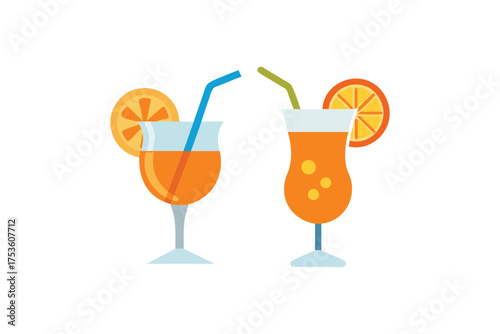 Two colorful citrus drinks with straws in tall glasses displayed
