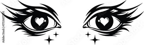 Stylized black eye with a heart pupil and sparkling tears representing love and emotion