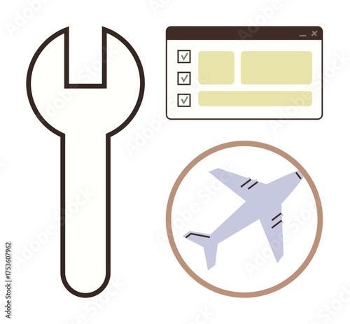 Wrench beside checklist and airplane enclosed in a circle. Ideal for aviation, maintenance, repair, inspection, engineering, safety, and logistics. Simple flat metaphor
