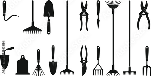 Gardening, Tools, Shovel, Rake, Hoe, Trowel, Shears, Pruner, Spade, Fork, Cultivator, Cutter, Blade, Handle, Utensil, Equipment, Accessory, Outdoor, Farming, Silhouette