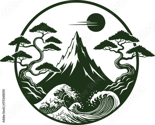 Stylized japanese landscape featuring mount fuji crashing waves and bonsai trees within a circular frame