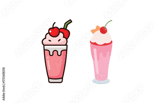 Two cute pink milkshakes with cherries and whipped cream toppings