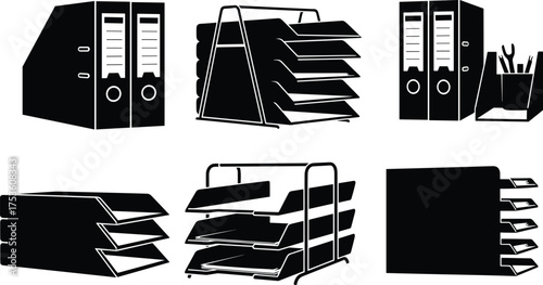 Organizer, File, Folder, Binder, Tray, Rack, Shelf, Storage, Document, Paper, Office, Desk, Stationery, Holder, Divider, Archive, Record, Supply, Accessory, Silhouette