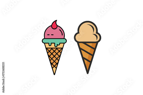 Illustration of two ice cream cones pink and vanilla flavors