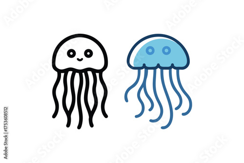 Two adorable jellyfish illustrations one outlined and one in soft blue