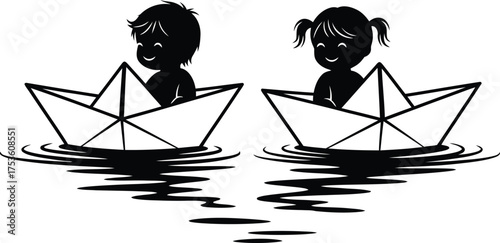 Two happy children silhouettes a boy and a girl sailing in paper boats on water