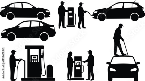 Silhouettes of People Refueling and Cleaning Cars at Gas Station in Vector Style for Automotive Service, Fueling Scenes, and Vehicle Maintenance Concepts