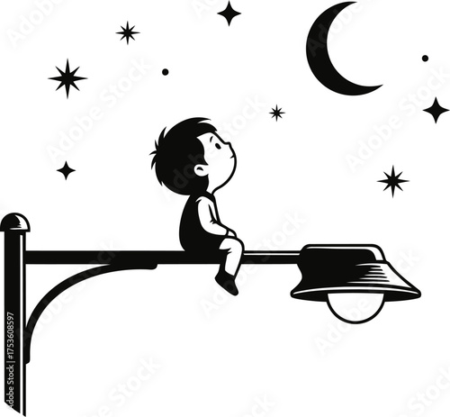 Whimsical cartoon child sitting on a street lamp gazing at the starry night sky and crescent moon