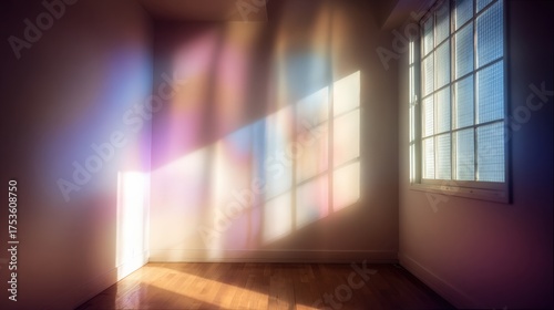 Beautiful natural light patterns in an empty room with colorful reflections from window