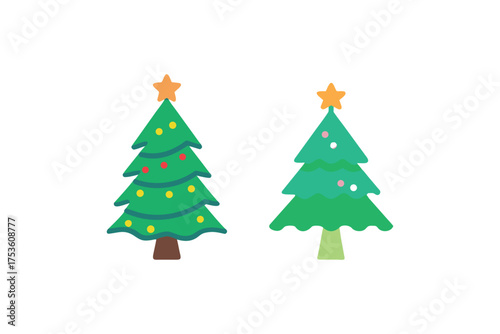Two decorated christmas trees with colorful ornaments and star toppers