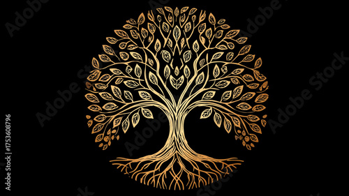 Golden ornamental tree of life with intricate roots and lush branches forming a circular emblem on a black background, spiritual symbol of growth