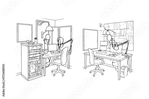 Podcast and Audio Recording Studio engraving vintage Line art vector Illustration, podcast studio  outline drawing.
