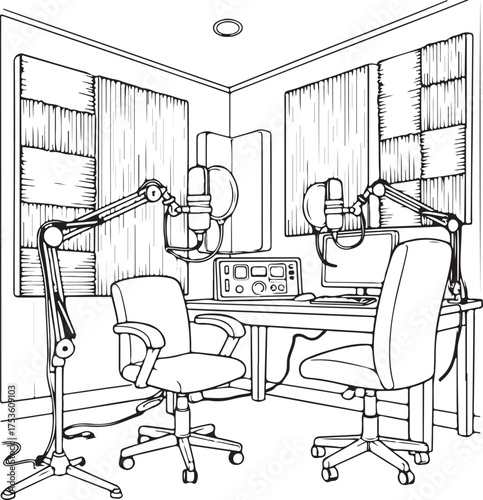 Podcast and Audio Recording Studio engraving vintage Line art vector Illustration, podcast studio  outline drawing.