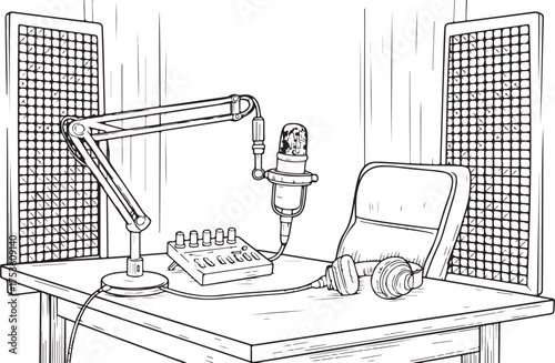 Podcast and Audio Recording Studio engraving vintage Line art vector Illustration, podcast studio  outline drawing.