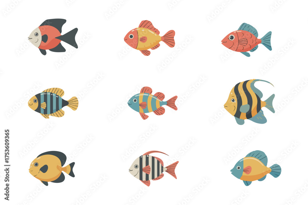 Obraz premium Fish Vector Illustration Set, Colorful Tropical Fish pattern icon design, fish clip art set