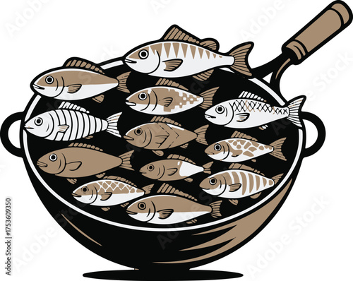 Colorful Flat Vector Illustration of Various Fish Species Floating Above a Frying Pan