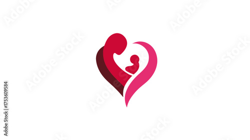 Loving mother embracing baby in a heart-shaped graphic symbol, depicting maternal care, family bond, and tender love illustration on white.
