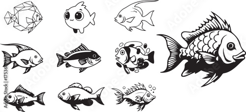 Black and White Engraving Style Marine Life Design, Vintage Playful Stylized Fish Vector Collection set, 
Hand-Drawn Cartoon Aquatic Animal Illustrations.