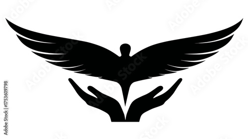 Stylized black silhouette of a bird with outstretched wings flying above two cupped hands, symbolizing freedom, care, protection, and hope.