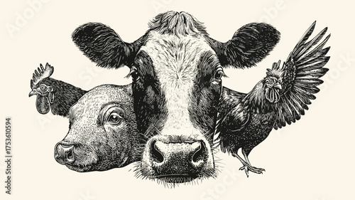 Vintage illustration of farm animals: cow, calf, and chicken. Monochrome agricultural livestock for food and farming themes.