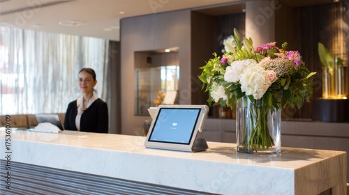 A welcoming hotel reception features a smiling staff member standing behind the counter. A large vibrant floral arrangement adds charm to the modern setting during daylight.