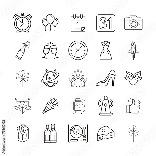 Collection of new year celebration outline icons on transparent background