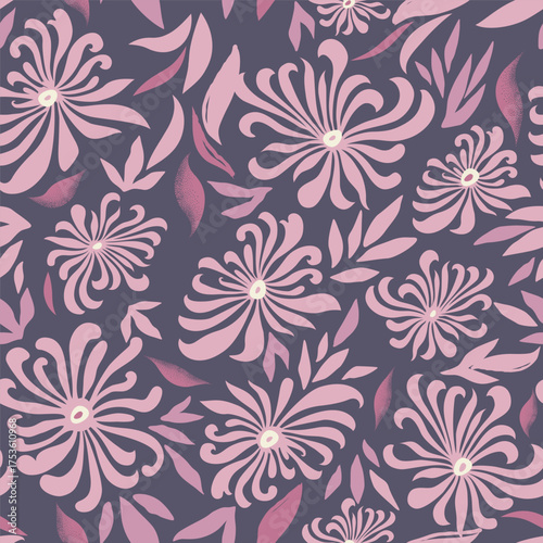 Floral pattern with leaves. Flower seamless wallpaper. Festive pink background