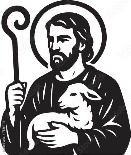 black and white shepherd holding lamb clip art preview