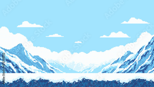 Pixel art snowy mountain game level. Winter glacier landscape. Arcade game background, retro 8-bit style environment.