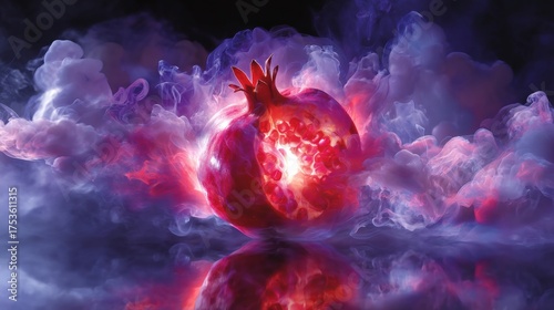 Luminous Pomegranate With Magical Glowing Seeds Surrounded By Vibrant Cosmic Clouds