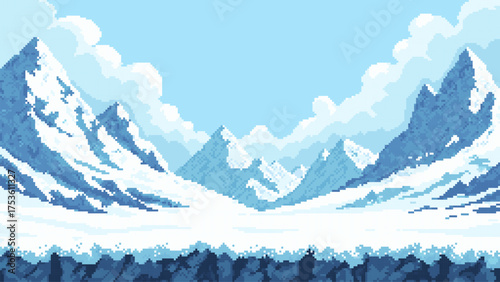 Pixel art game level vector of a frozen mountain landscape with snow-capped peaks and cloudy sky, for video game background or winter nature scene design.