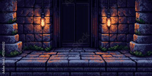 Dungeon pixel art game level vector with illuminated stone walls and floor. Gaming background for retro arcade platformer or adventure quest.
