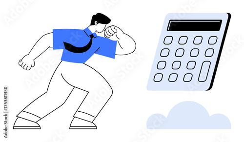 Businessman in formal attire confidently gestures toward a giant calculator hovering above a cloud. Ideal for finance, accounting, budgeting, business, technology, cloud services, growth concepts