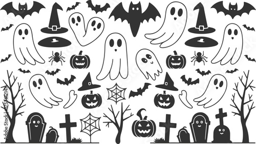 Halloween silhouettes and outline black icons and character set including spider waves, halloween pumpkins and grave yard. Vector illustration. Isolated on white background. 