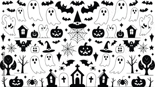 Halloween silhouettes and outline black icons and character set including spider waves, halloween pumpkins and grave yard. Vector illustration. Isolated on white background. 