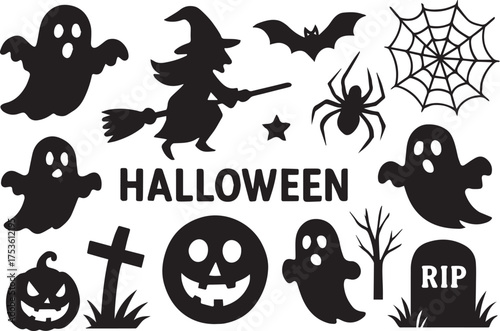 Halloween old cemetery silhouette, abandoned graveyard in Halloween night, vector scene background. Silhouette Halloween. Scary spooky cemetery with graves, gravestones and tombstones with bats.