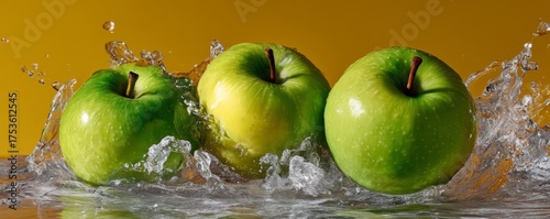 Three Green Apples Splashing into Water Against a Bright Yellow Background