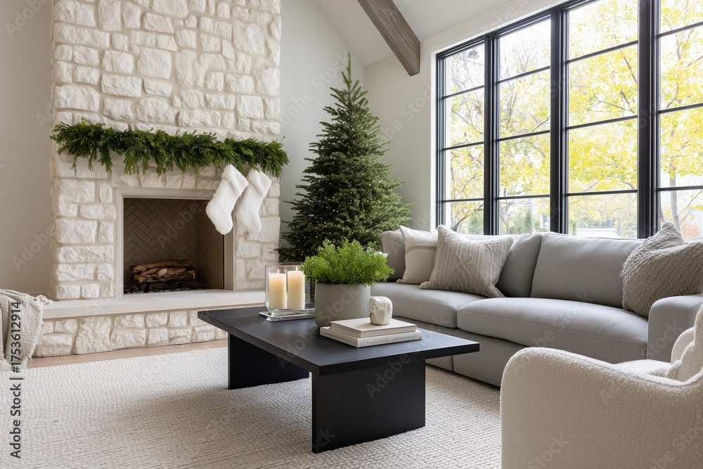 Fototapeta premium Contemporary holiday living room featuring a cozy gray sofa, elegant stone fireplace, and festive decorations, creating a warm and inviting atmosphere for seasonal gatherings